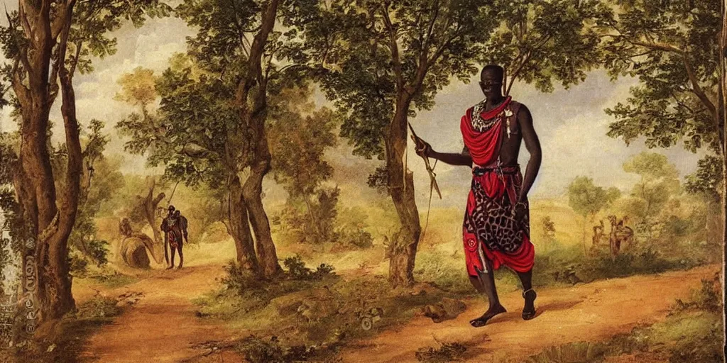 Prompt: ashanti soldier wearing a toga with african print. he is walking through the forest. romanticist painting