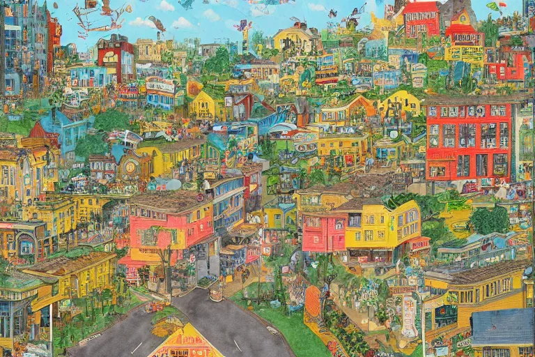 Prompt: an elaborate and dense painting of a peaceful neighborhood, detailed, made of alcohol ink on parchment and penned illustrations, by richard scarry and beeple