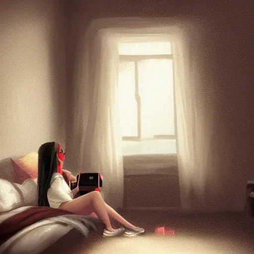 Image similar to Epic portrait a woman playing videogames in her room during nighttime, blurred backround, city window view, white t shirt and brown bang hair, digital painting, artstation, concept art, soft light, hdri, smooth, sharp focus, illustration, fantasy, intricate, elegant, highly detailed, D&D, matte painting, in the style of Greg Rutkowski and Alphonse Mucha and artemisia, 8k, highly detailed, jurgens, rutkowski, bouguereau, pastoral, rustic, georgic