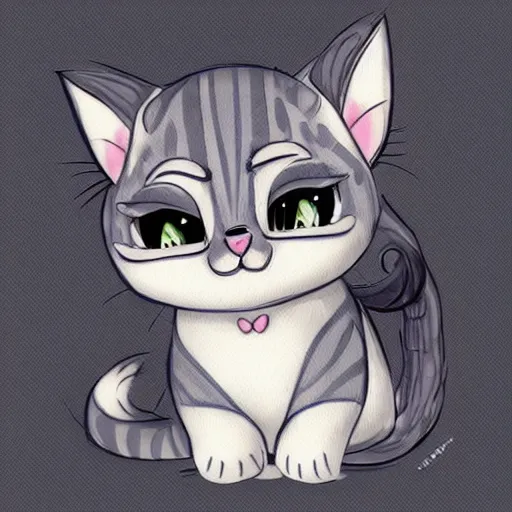 Image similar to kawaii greystriped cat looking cute, disney style, concept art, highly artstation, detailed, cartoon