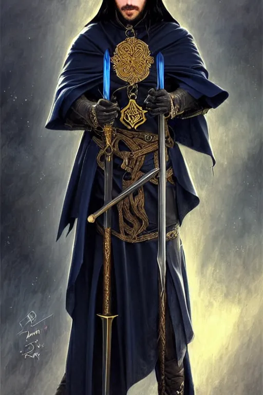 Prompt: handsome mage holding a spear, long black hair blue eyes wearing leather mantle gothic navy cloak with gold details, castle town, fantasy character portrait, ultra realistic, intricate, elegant, highly detailed, digital painting, artstation, smooth, sharp, focus, illustration, art by artgerm and greg rutkowski and alphonse mucha