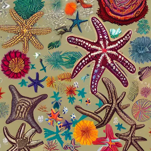Prompt: hyperdetailed photorealistic illustration of a starfish with maximalist embroidery elements. in the style of national geographic and haekel and a childrenbook illustration. hd soft natural tones.
