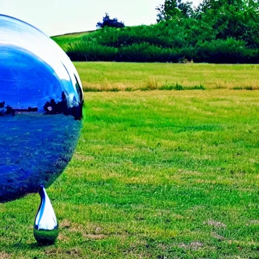 Image similar to a realistic chrome ufo landed on a field, green hills, summer day, beautiful, blue skies