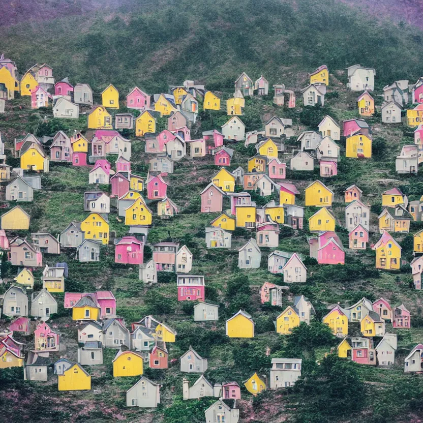 Image similar to little boxes on the hillside little boxes made of ticky tacky little boxes on the hillside little boxes all the same there's a pink one and a green one and a blue one and a yellow one, 3 5 mm photography