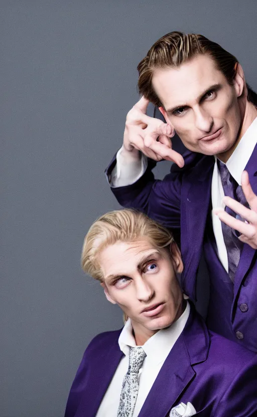 Image similar to a realistic photo of blond Patrick Bateman in purple jacket, Kira Yoshikage in real life, studio photography , dark grey background, softly backlit, gentle smoke effect, photo courtesy Museum of art