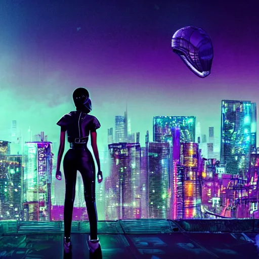 Prompt: cyberpunk girl standing on a rooftop, wearing holographic glasses, short purple hair with undercut, realistic body shape. wearing leather jacket and black cargo pants. night time, neon cityscape background, large blimp in the distance. 8 k