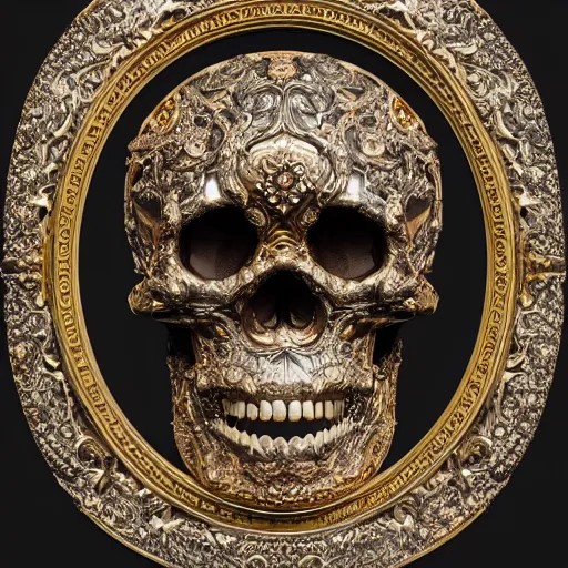 Image similar to a portrait of a beautiful ornate and intricate rococo skull with silver and gold details and diamonds inside a rococo frame, 4k, octane render, vray, unreal engine, photorealistic