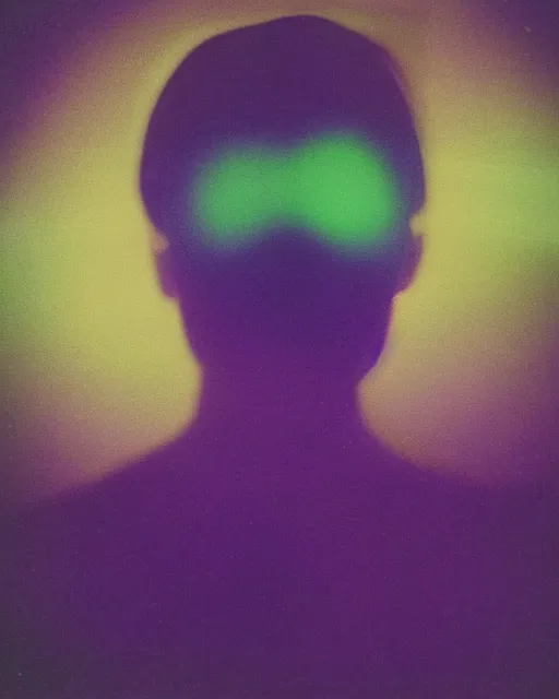 Prompt: featureless woman's face, serene emotion, violet and yellow and green lighting, polaroid photo, 1 9 8 0 s cgi, atmospheric, whimsical and psychedelic, grainy, expired film, super glitched, corrupted file, ghostly, bioluminescent