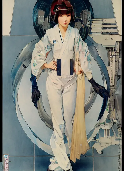 Image similar to a copic maker art nouveau portrait of a japanese anime girl wearing a futuristic balenciaga pilot suit with a puffy kimono by john berkey norman rockwell