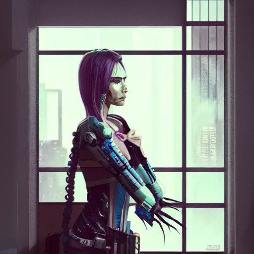 Prompt: portrait of cyberpunk woman looking out of a window, cyberpunk setting, futuristic, highly detailed, intricate lighting, digital painting, sharp focus, illustration, trending on artstation, art by kawacy.