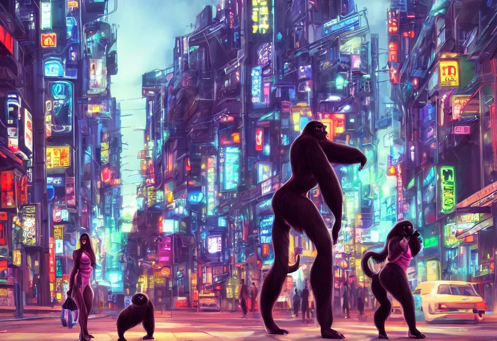 Prompt: a beautiful woman taking a gorilla for a walk in a cyber punk tokyo street, futuristic, realism, wide shot, busy street, dramatic lighting, neon signs, digital art, 8k resolution, high detail, by Boris Vallejo