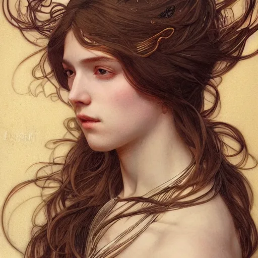 Prompt: god, non-binary, long hair, georgeus, intricate, elegant, ethereal, artstation, highly detailed, sharp focus, smooth, by artgerm and greg rutkowski and alphonse mucha