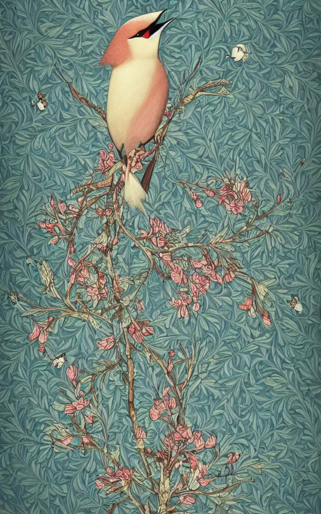 Image similar to ethereal bohemian waxwing bird, bombycilla garrulus, intricate details, ornate, detailed illustration, octane render, in a johanna rupprecht style, in a william morris style, trending on artstation, artgerm