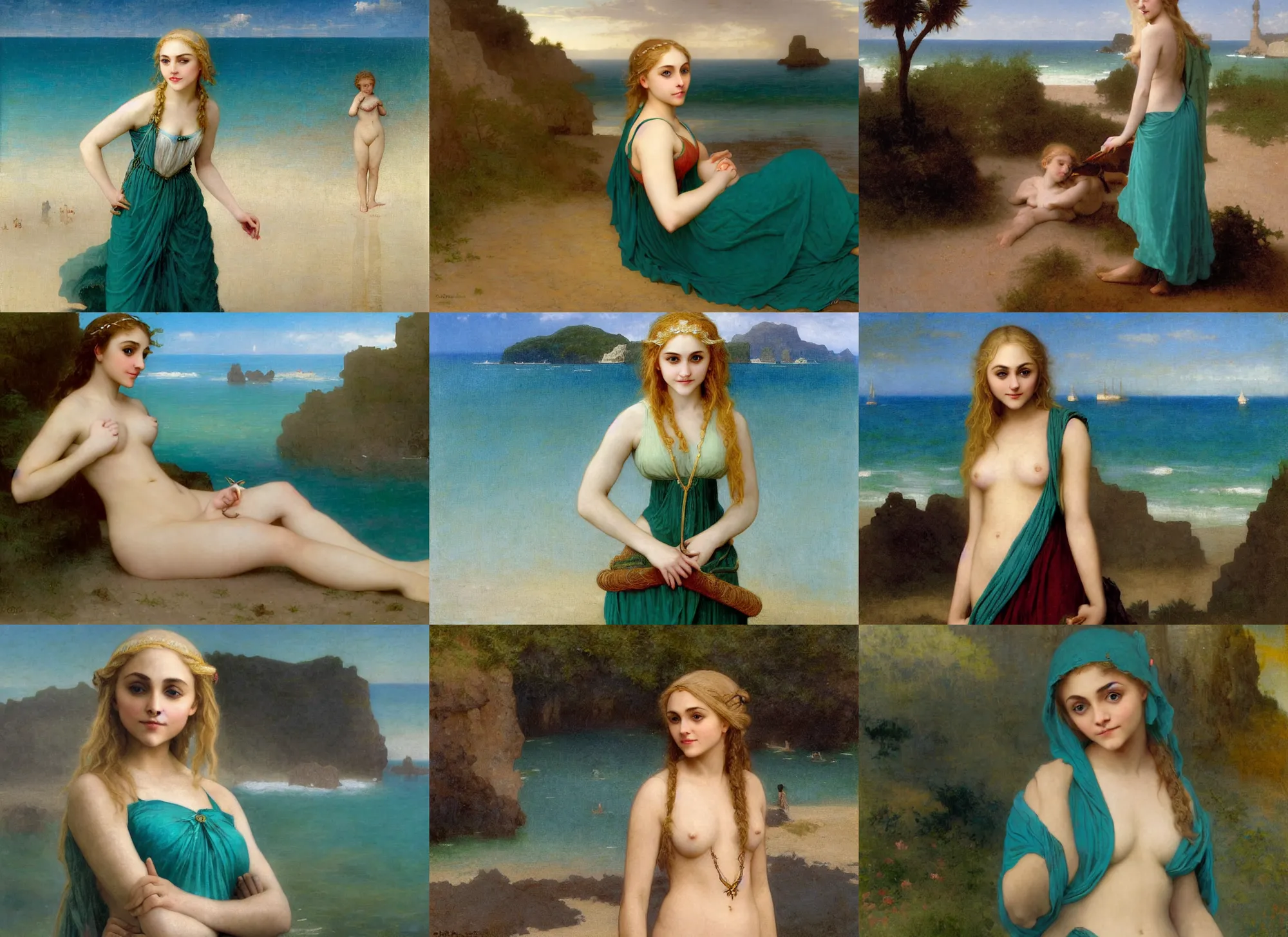 Prompt: elvish annasophia robb with teal peplos, beach background, bouguereau