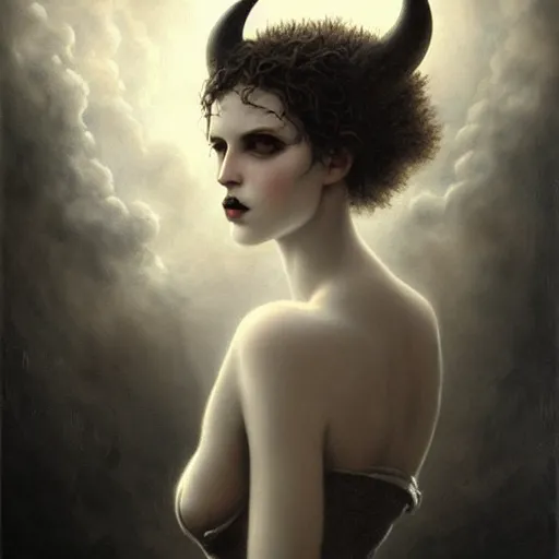 Image similar to By Tom Bagshaw, ultra realist soft painting of zynoid curiosities by night, very beautiful single female gothic fully dressed, horns, symmetry accurate features, very intricate details, ominous sky, black and white, volumetric light clouds