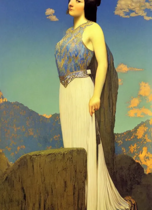 Image similar to an oil painting a queen with dark hair and white fair skin standing on a throne by maxfield parrish, highly detailed, realistic, realism, oil painting, 1 9 th