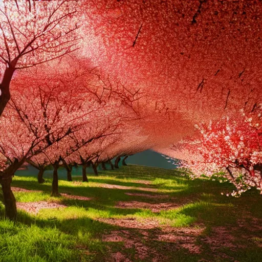 Prompt: apricot trees with red blossoms bustle with vernal vitality.. cinematic, 3 5 mm lens, anamorphic lens flare, photographic, octane render, cinematography by roger deakins,