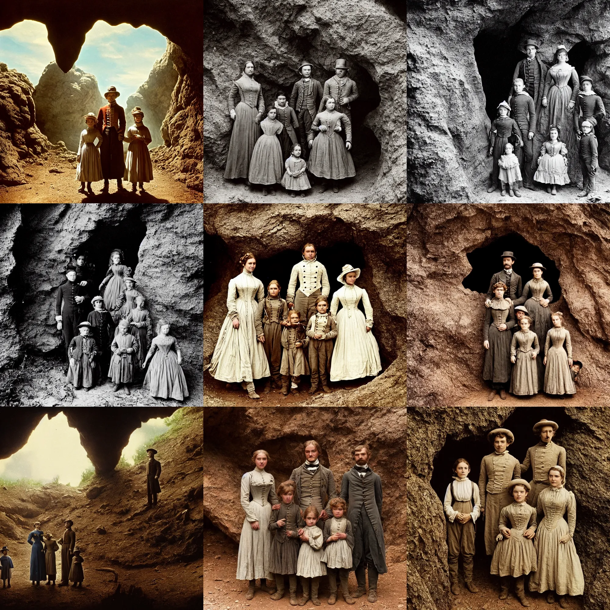 Prompt: sharp, detailed, film from a sci fi 1 6 k color movie, set in 1 8 6 0, family standing outside a cave on a strange alien planet, looking happy, wearing 1 8 5 0 s era clothes, atmospheric lighting, in focus, reflective eyes, 3 5 mm macro lens, live action, nice composition, good photography