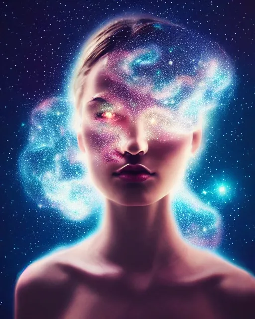 Image similar to intricately detailed constellation beauty portrait double exposure, radiant lighting, celestial cloudscape, artgerm, watery smoke explosion