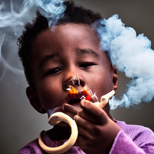 Prompt: child blowing rings of smoke out of their mouth