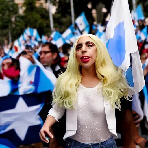 Image similar to Lady Gaga as president, Argentina presidential rally, Argentine flags behind, bokeh, detailed face, Argentina