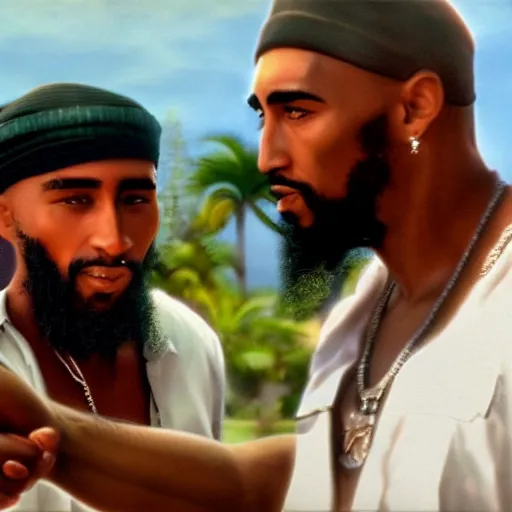 Image similar to cinematic shot of tupac shakur and fidel castro shaking hands in a cuban resort, 8 k, very detailed, very intricate, detailed faces,