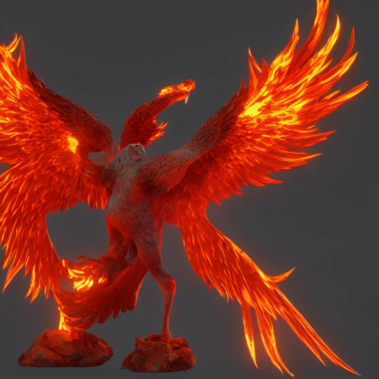 Prompt: phoenix with with flamimg wings, 3 d render, 3 d rendered, hdr, unreal engine 5, ray tracing, dynamic lighting, flame colors, high detail,