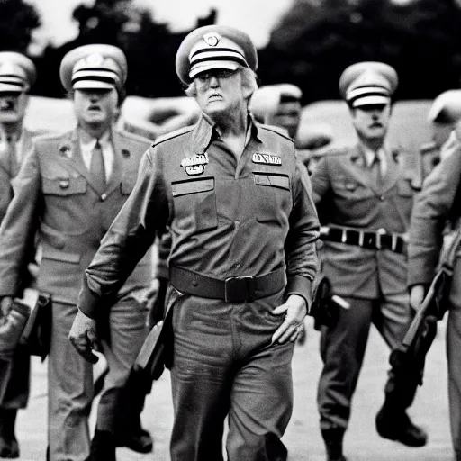 Prompt: 70s movie still of Donald Trump leading military troops, by Irving Penn , Cinestill 800t 35mm black and white, heavy grainy picture, very detailed, high quality, 4k, HD criterion, precise texture