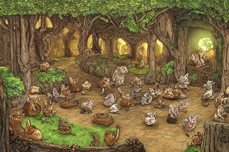 Prompt: an elaborate and dense scene from redwall abbey in mossflower wood with lots of medieval anthropomorphic mice and rabbits and otters, detailed by brian jacques and greg rutowski