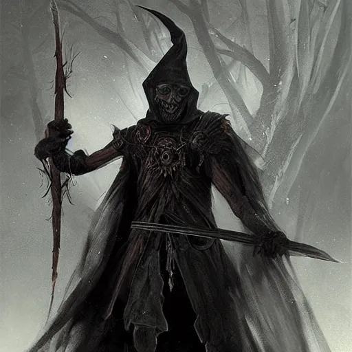 Image similar to A spindly young man in a witch’s hat and black clothing steps out of the shadows with a spear in his hand, DnD character art portrait, matte fantasy painting, Deviant Art, Artstation, by Jason Felix, by Steve Argyle, by Tyler Jacobson, by Peter Mohrbacher, cinema.