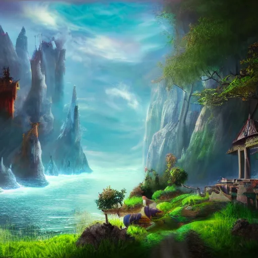 Image similar to fantasy world, colorful, realistic, peaceful, 8 k resolution