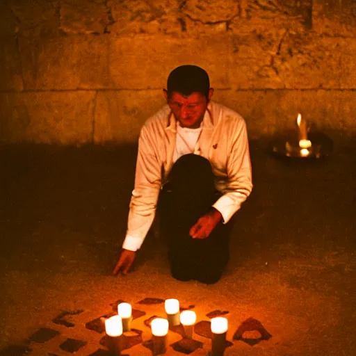 Image similar to film photography, an Aztec Priest praying to the dogs at the altar of an Aztec temple, at night, lit with candles, stormy night, Leica M6, cinestill 800, Noctilux 50mm