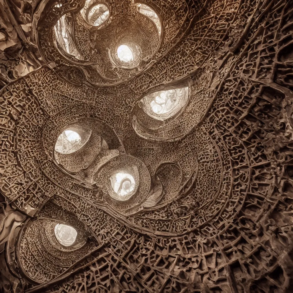 Image similar to , grand spiral stairs going down deep in a dark hole, baroque, by antoni gaudi and greg rutkowski, dramatic volumetric cinematic light, chiaroscuro, cinematic, high quality, high detailed, detailed patterns pop art