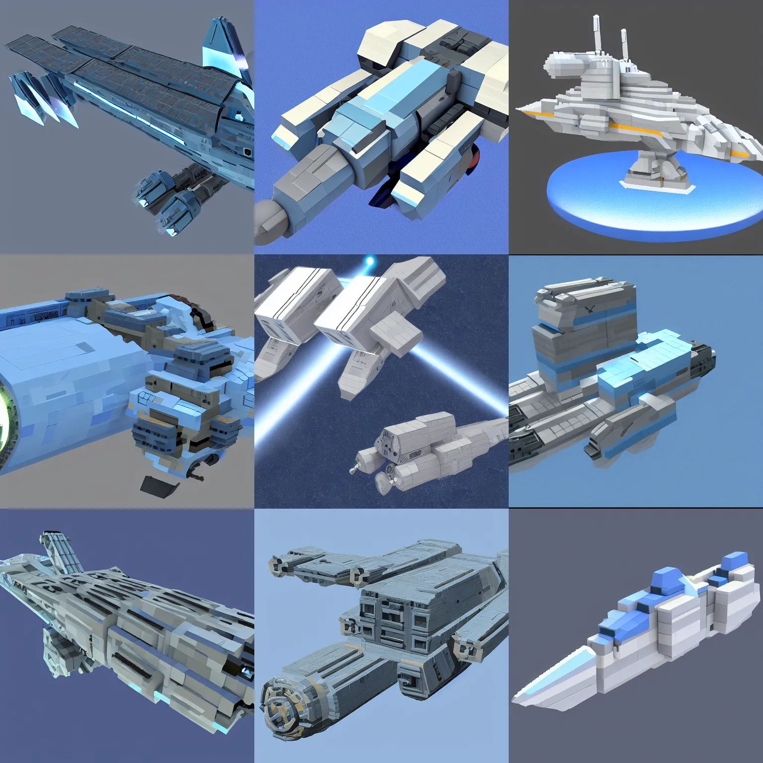 Prompt: long, blocky, cargo starship with light blue thrusters