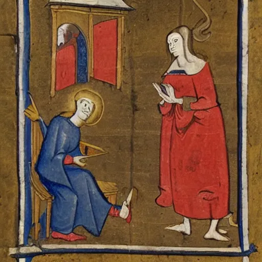 Prompt: medieval painting of the devil tempting a woman checking her iphone, ink and dye on parchment - n 5
