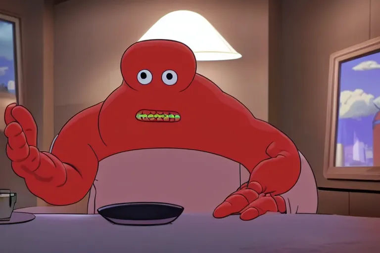 Image similar to zoidberg in a live action futurama movie, 3 d rendered, 3 d rendering, dramatic lighting, unreal engine