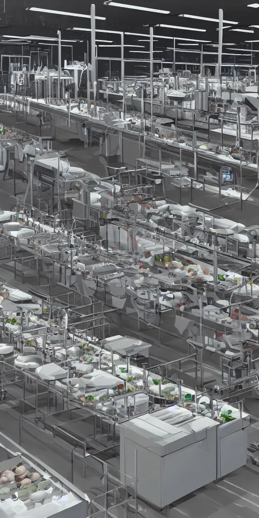 Image similar to concept art, industrial synthetic food production line. food, meat, fruit, vegetables, protein, organized, high detail, 8 k, octane rendering, unreal engine.