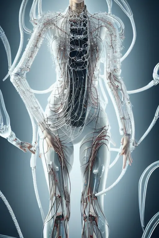 Image similar to beautiful young asian woman, iris van herpen, perfect symmetrical body, full body shot, inflateble shapes, wires, tubes, veins, jellyfish, white biomechanical details, wearing epic bionic cyborg implants, masterpiece, intricate, biopunk, vogue, highly detailed, artstation, concept art, cyberpunk, octane render