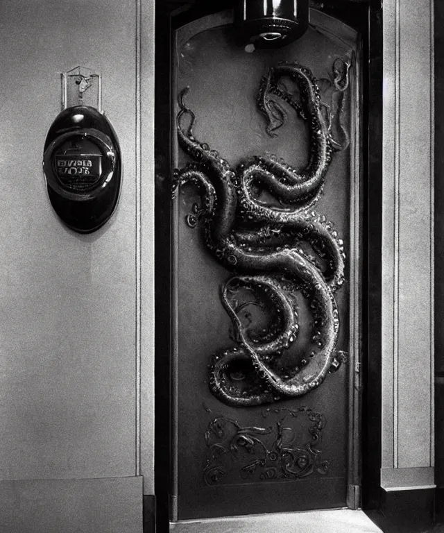 Image similar to horrifying full color photorealistic image of a 1 9 2 5 hotel elevator lobby, elevator doors look like a mouth, with a tentacle - shaped tongue, licking out, dark, atmospheric, brooding, smooth, finely detailed, cinematic, epic, in the style of lee gibbons