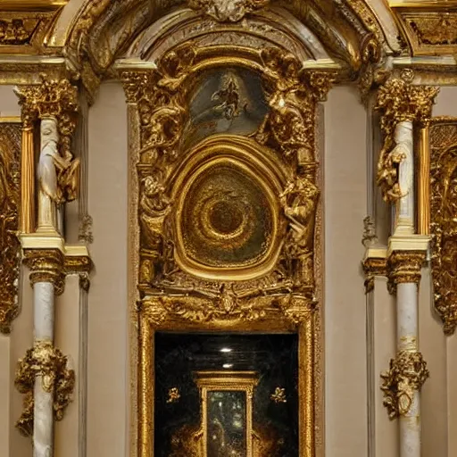 Image similar to ornate marble and gold wall, full of paintings of angels, highly detailed