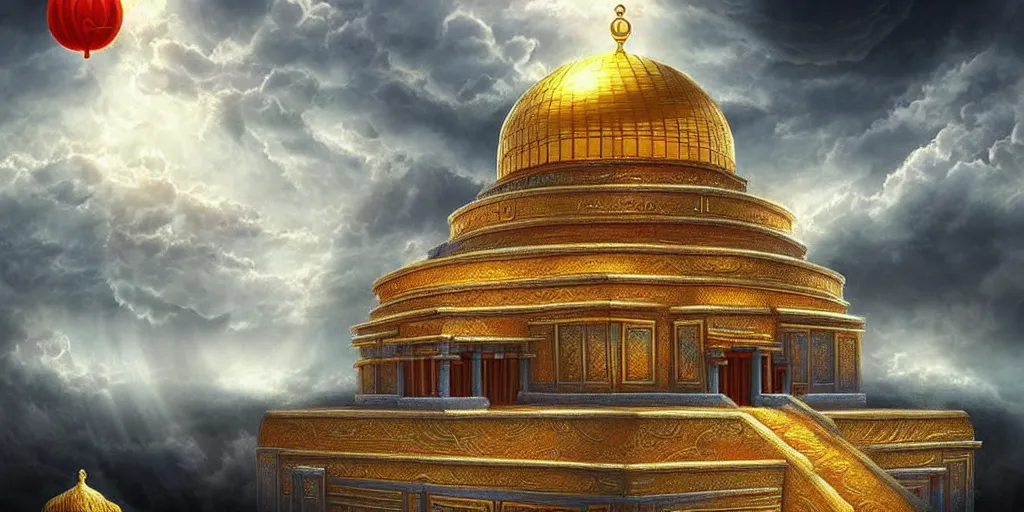 Image similar to hidden imagery floating temple in the sky incredible digital art optical illusion, superb detailed clouds shaped like the second temple in jerusalem, awe inspiring, masterpiece surrealism, digital art trending on artstation awesome award winning