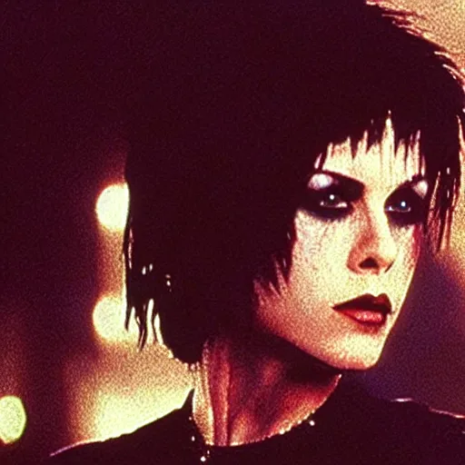 Image similar to a film portrait still of joan jett in blade runner, gritty cyberpunk atmosphere. realism, cinematic lighting, beautiful gothic fantasy photorealistic, 4 k. 8 mm. grainy. panavision.