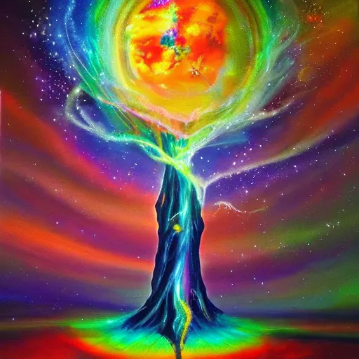 Image similar to the ghost of the world tree radiates rainbow light into the dark cosmos, epic painting