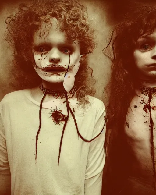 Image similar to an instant photo of beautiful but creepy, doorstep siblings in layers of fear, with haunted eyes and curly hair, wearing a vivienne westwood choker, 1 9 7 0 s, seventies, wallpaper, woodland, a little blood, moonlight showing injuries, delicate embellishments, painterly, offset printing technique, by mary jane ansell