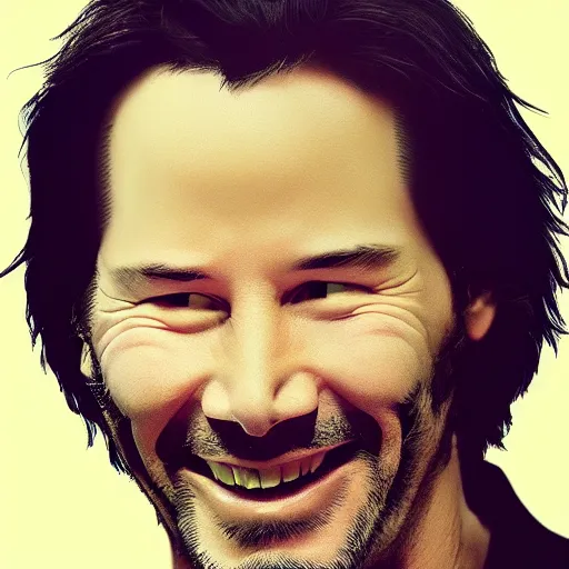 Image similar to keanu reeves with a big smile, nuclear explosion behind him, by beeple, masterpiece,