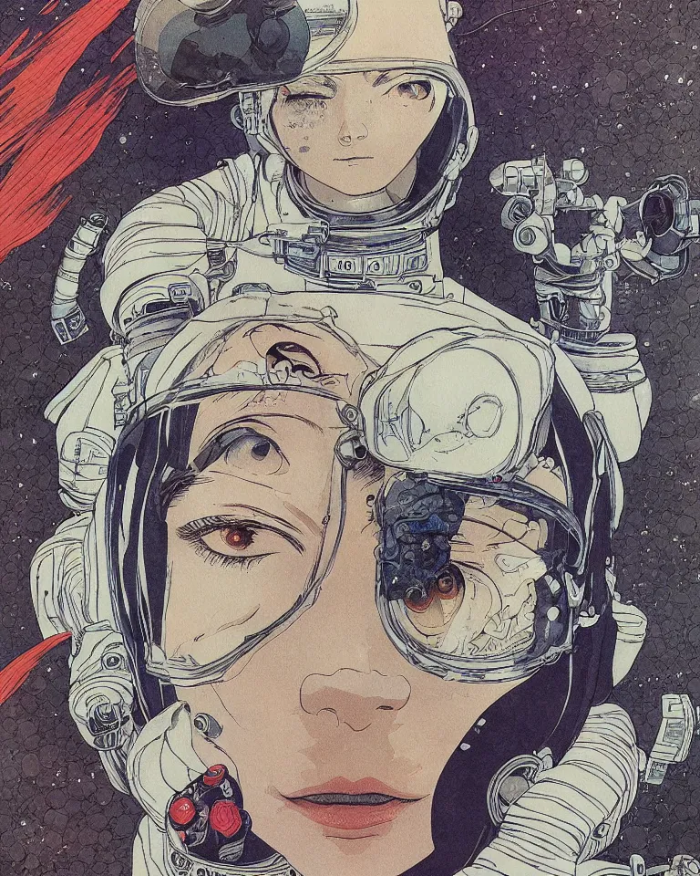 Prompt: portrait of the face of a female astronaut painted in miyazaki color style drawn by katsuhiro otomo and takato yamamoto, high detail, intricate linework, sharp, smooth face, china doll face, high detail, manga and anime