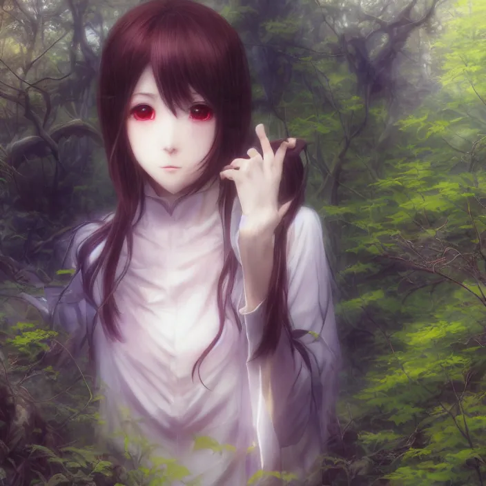 Prompt: Nishimiya Shouko, Albedo from Overlord, Mayer Re-l, Japan Lush Forest, official anime key media, close up of Iwakura Lain, LSD Dream Emulator, paranoiascape ps1, official anime key media, painting by Vladimir Volegov, beksinski and dan mumford, giygas, technological rings, johfra bosschart, Leviathan awakening from Japan in a Radially Symmetric Alien Megastructure turbulent bismuth glitchart, Atmospheric Cinematic Environmental & Architectural Design Concept Art by Tom Bagshaw Jana Schirmer Jared Exposure to Cyannic Energy, Darksouls Concept art by Finnian Macmanus