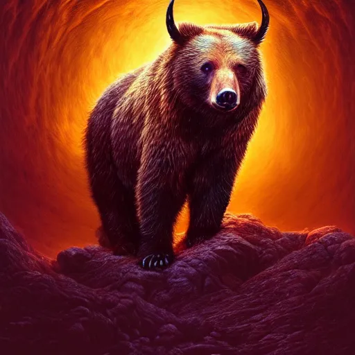 Prompt: photorealistic mystical horned bear in the style of michael whelan and gustave dore. hyperdetailed photorealism, 1 0 8 megapixels, amazing depth, glowing rich colors, powerful imagery, psychedelic overtones, 3 d finalrender, 3 d shading, cinematic lighting, artstation concept art