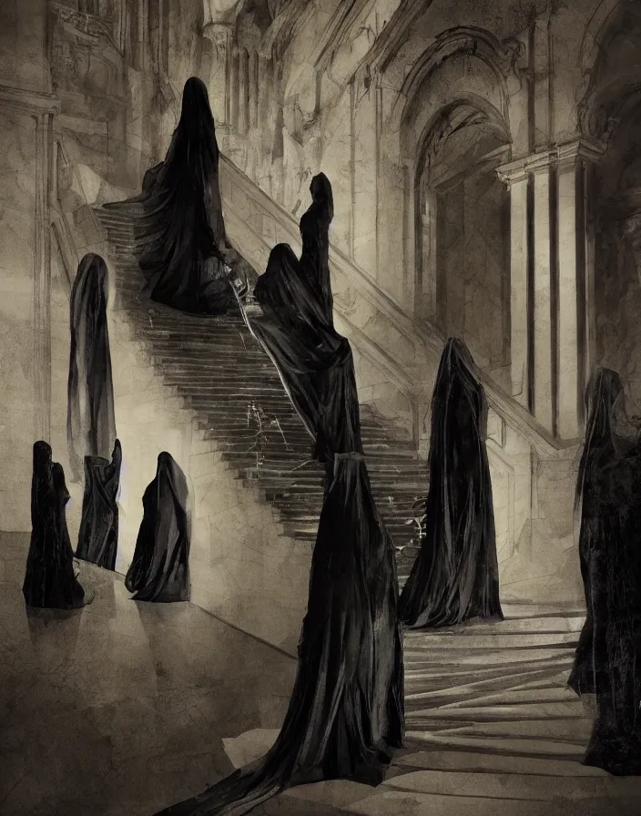 Image similar to several ritualistic figures shrouded in a long trailing dark black opaque gown, descending in tandem down a giant marble staircase in a dark room, photorealism, hyperrealism, harsh lighting, dramatic lighting, medium shot, serious, gloomy, foreboding, cinematic, creepy