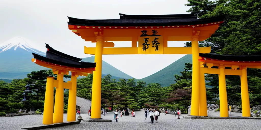 Prompt: Yellow school bus driving towards a Japanese Torii gate at Mount Fuji location in Japan, time travel, ray tracing